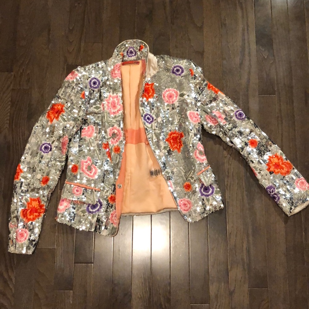 Alice + Olivia Embroidered Silver Sequined Blazer